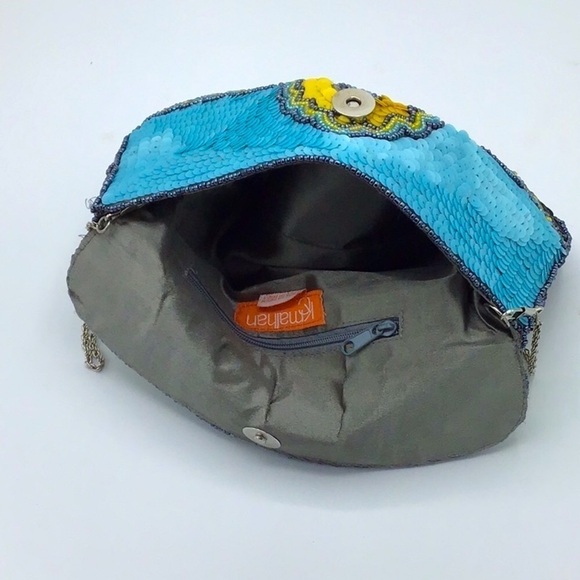 KC MALHAN AQUA BALI SEQUIN BEADED CLUTCH HANDBAG - Picture 9 of 13